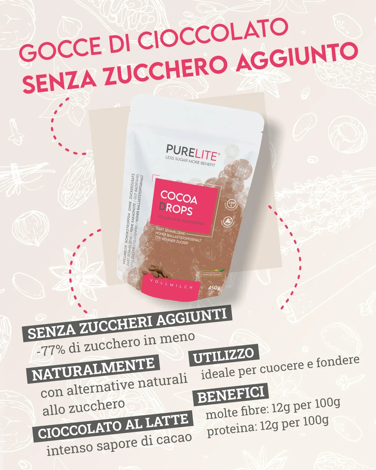 PURELITE Cocoa Drops gocce cioccolato al latte 450g senza zucchero