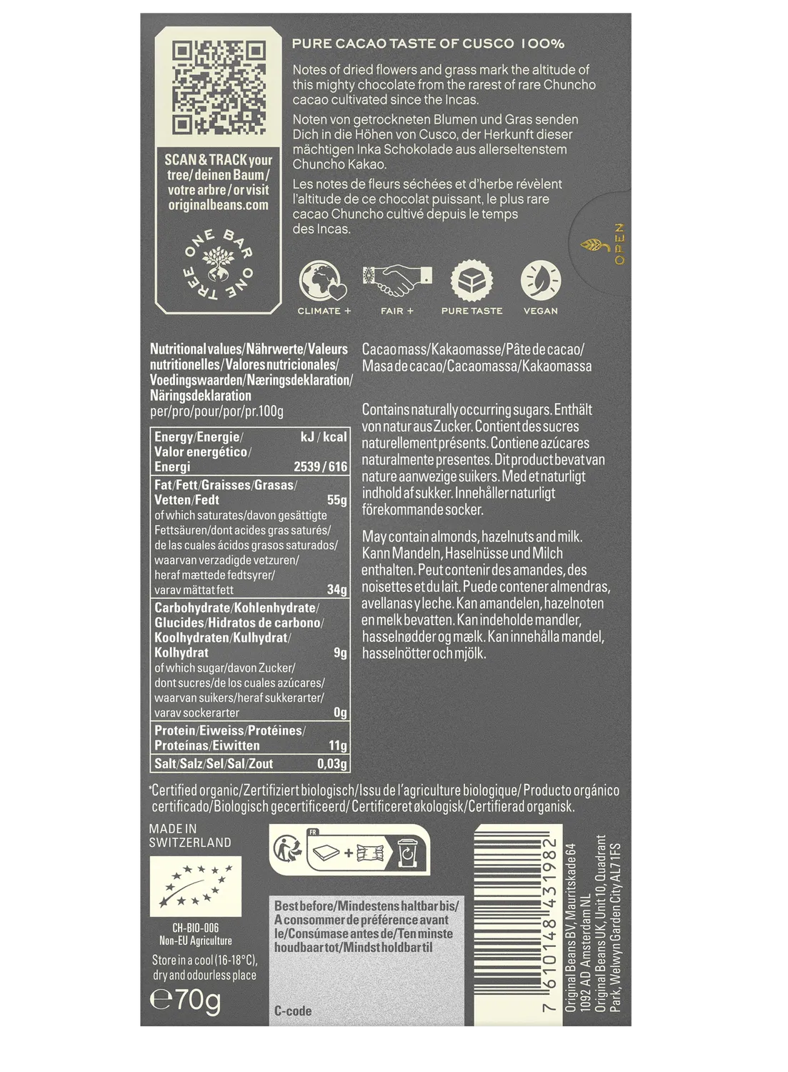 Original Beans Cusco 100% tavoletta fondente 70g puro