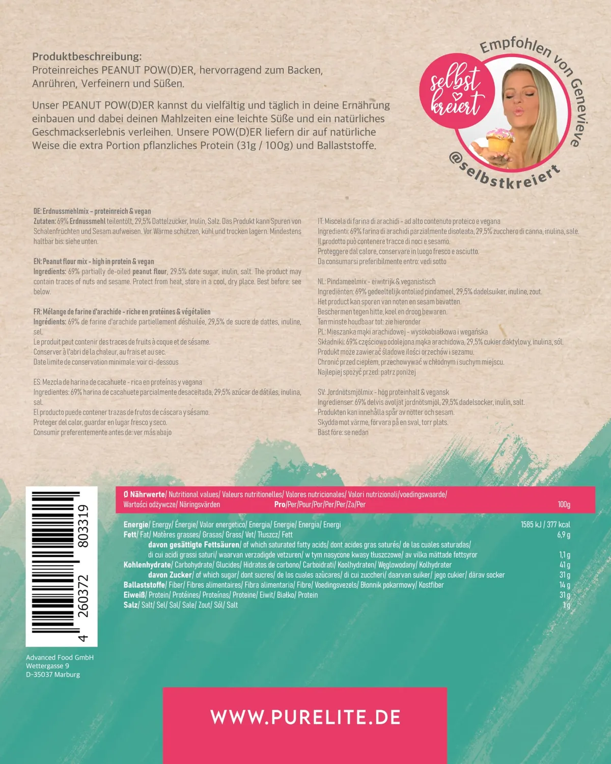 PURELITE Peanut Powder farina di arachidi 450g proteica