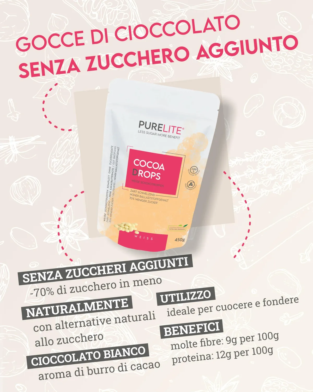 PURELITE Cocoa Drops gocce cioccolato bianco 450 g senza zucchero