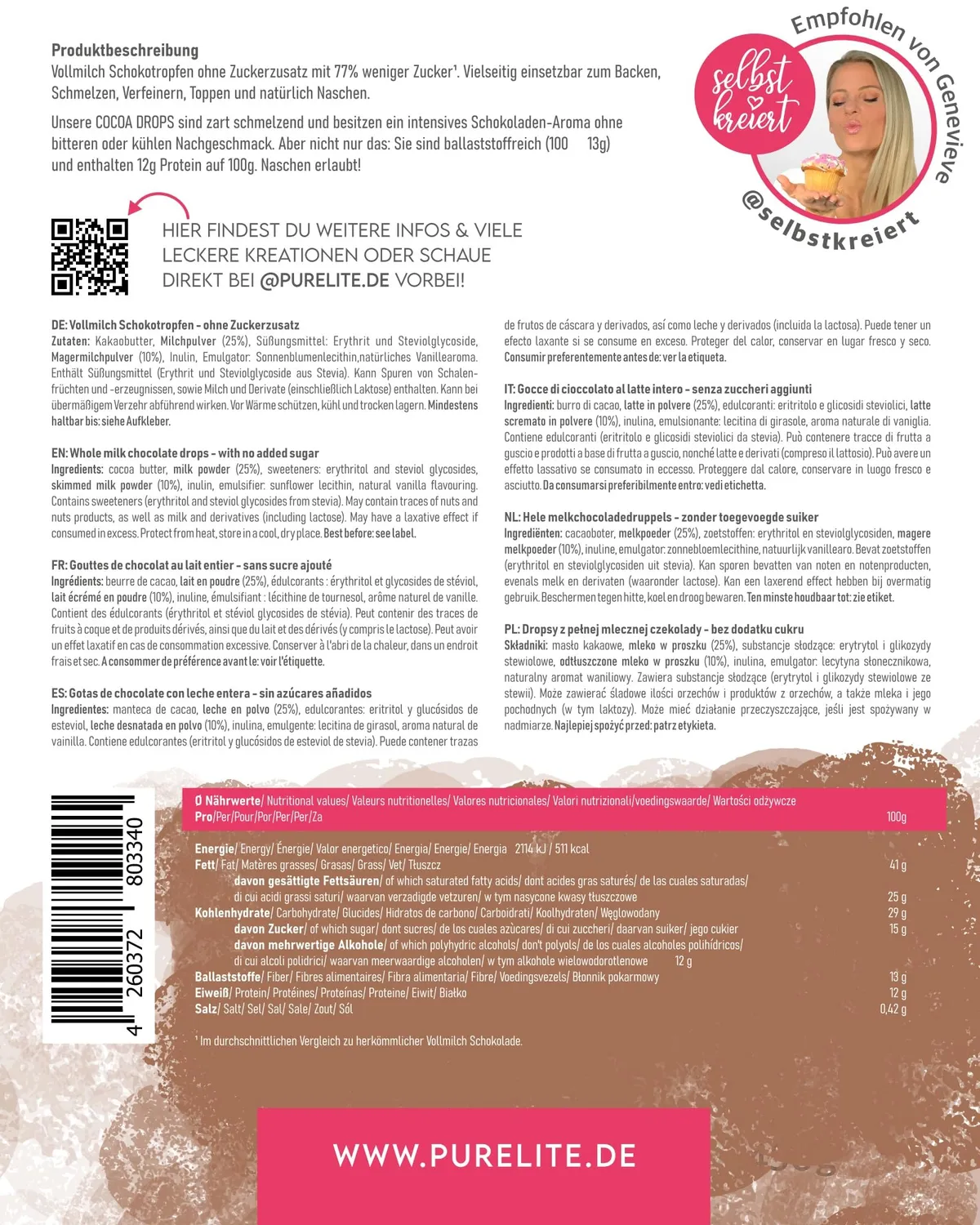 PURELITE Cocoa Drops gocce cioccolato al latte 450g senza zucchero