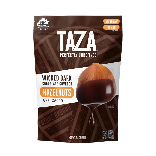 Taza Wicked Dark nocciole ricoperte cioccolato fondente 87% busta 99 g