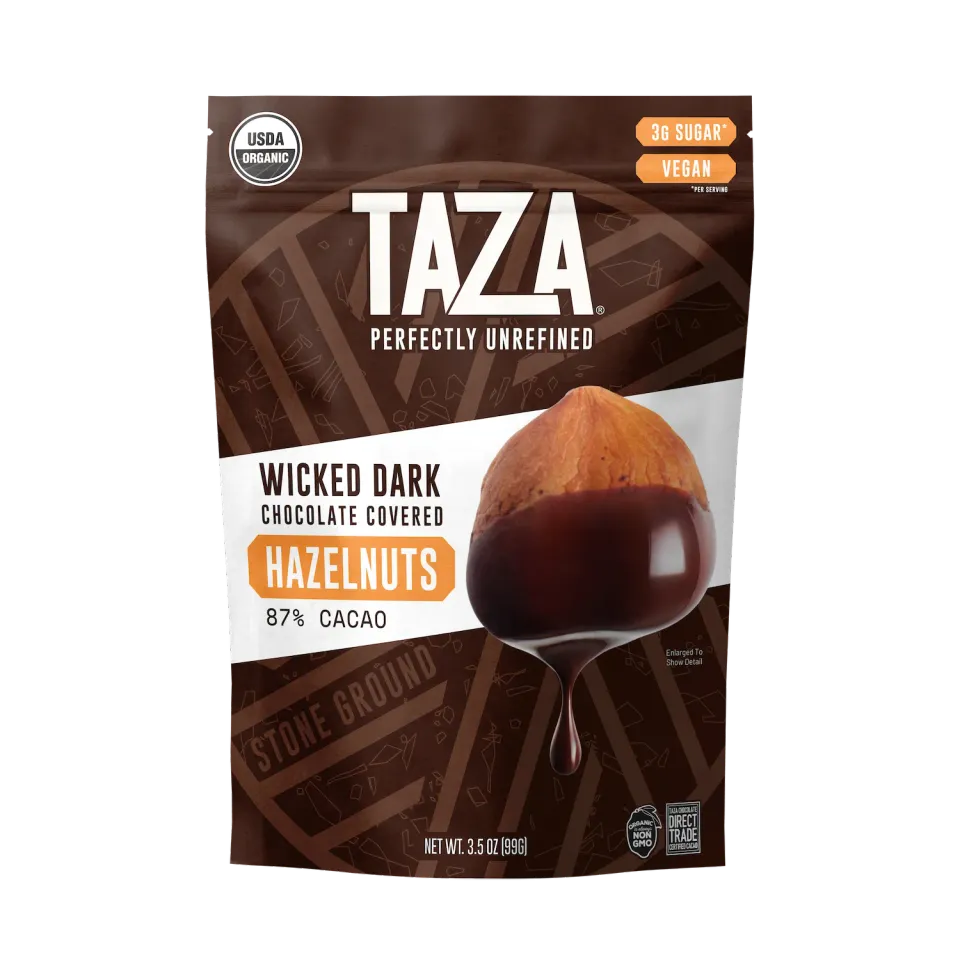 Taza Wicked Dark nocciole ricoperte cioccolato fondente 87% busta 99 g