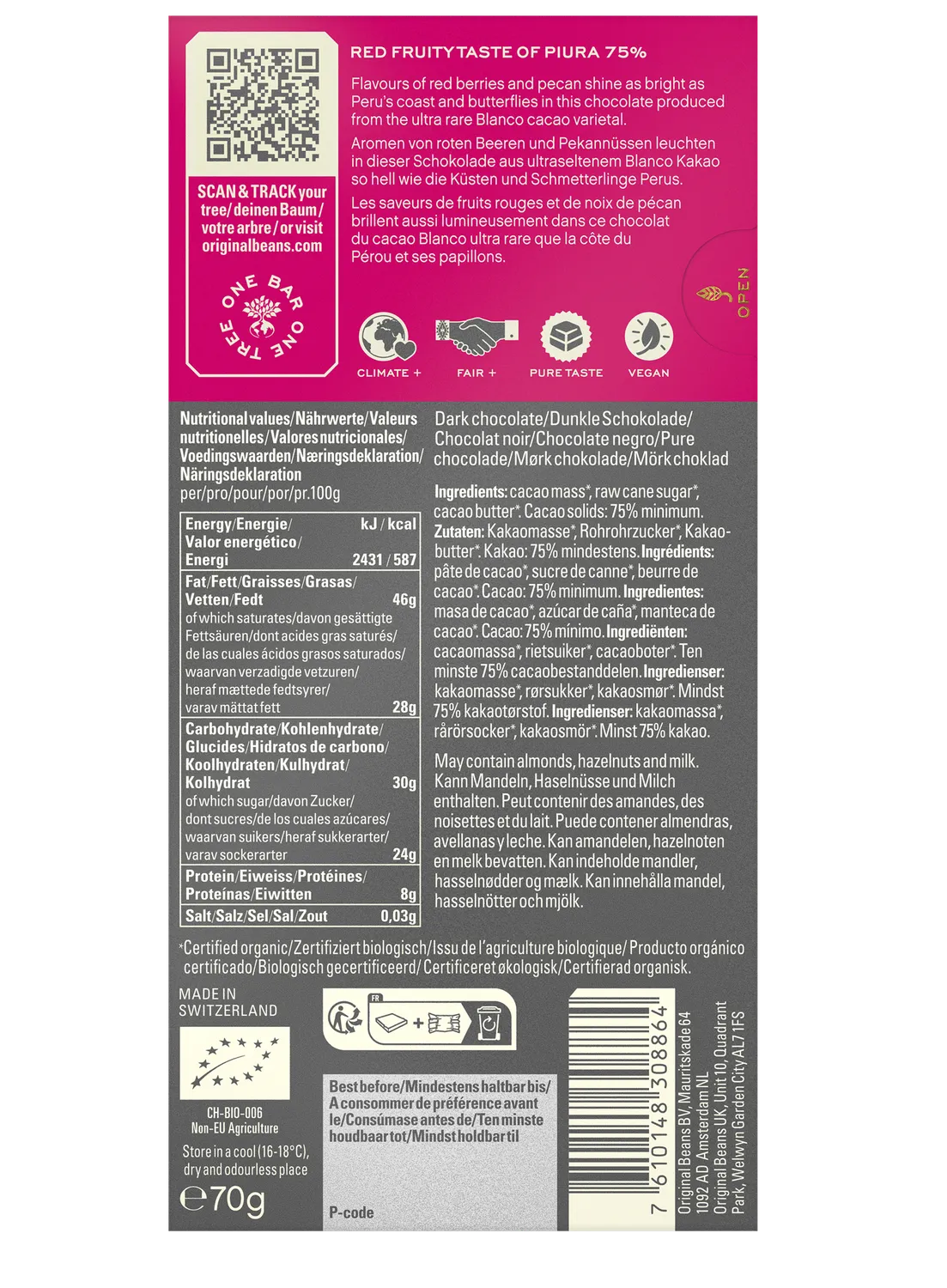 Original Beans Piura 75% tavoletta fondente 70g fruttata