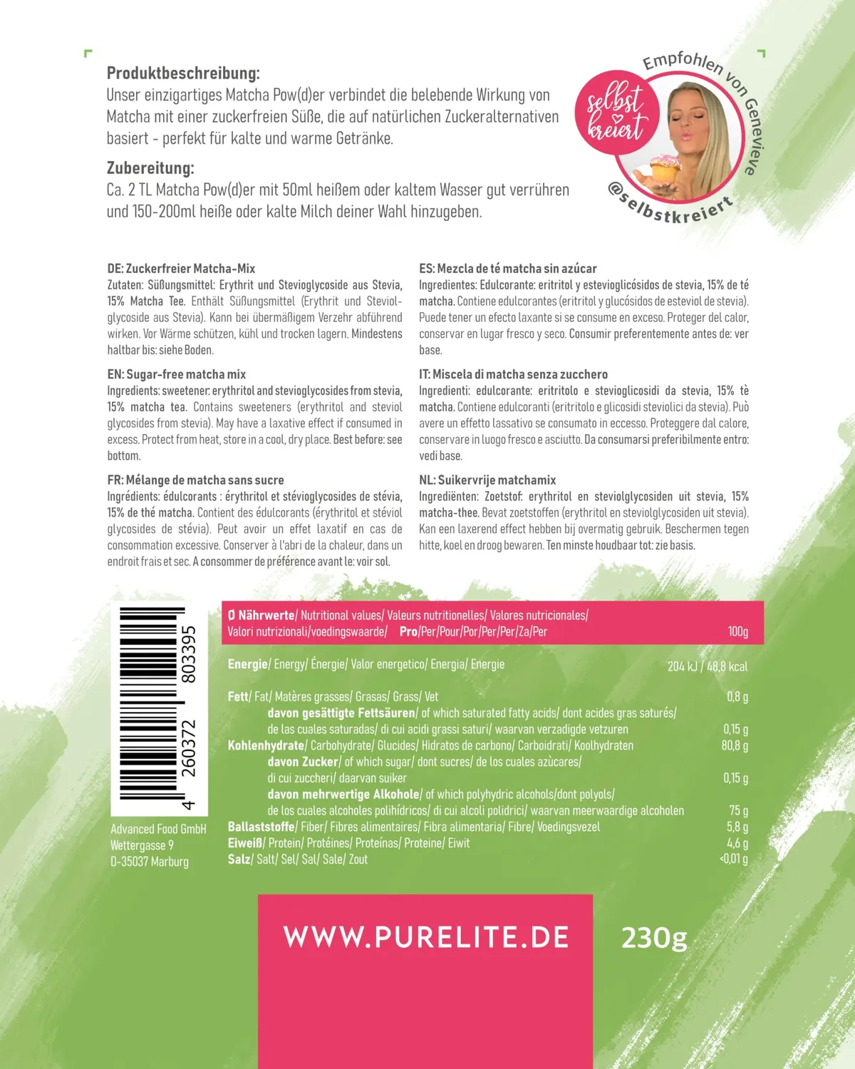 PURELITE Matcha Powder tè verde 230g energizzante
