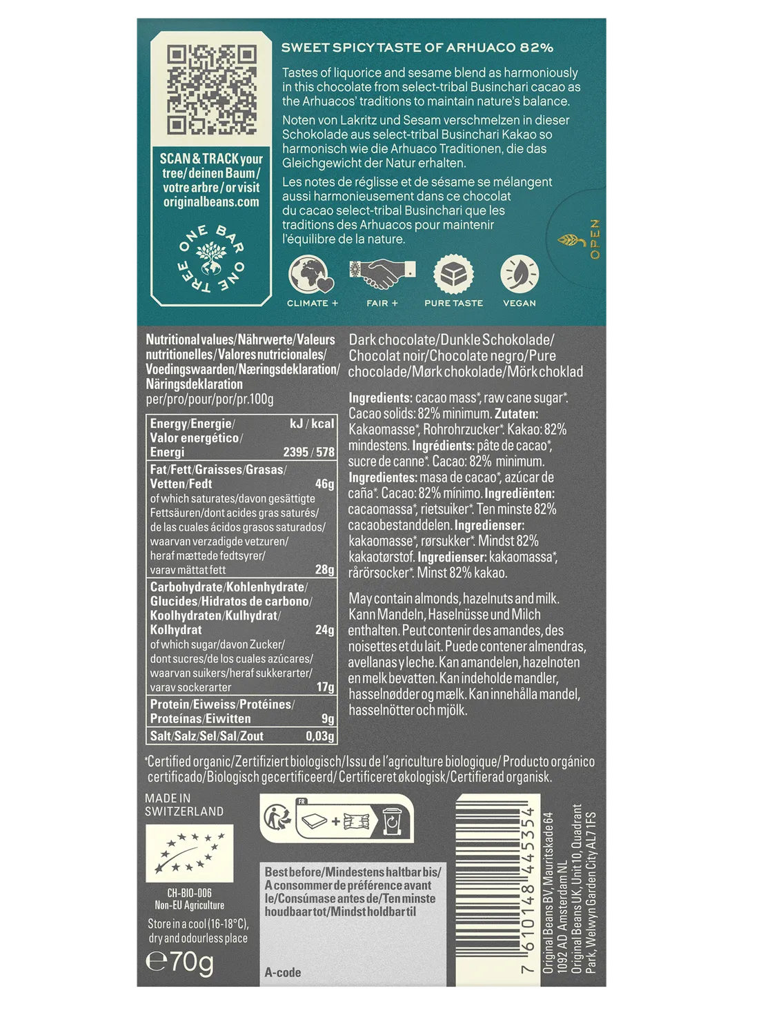 Original Beans Arhuaco 82% tavoletta fondente 70g vegana