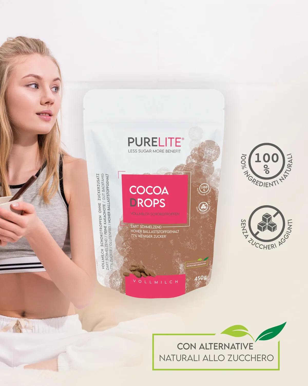 PURELITE Cocoa Drops gocce cioccolato al latte 450g senza zucchero