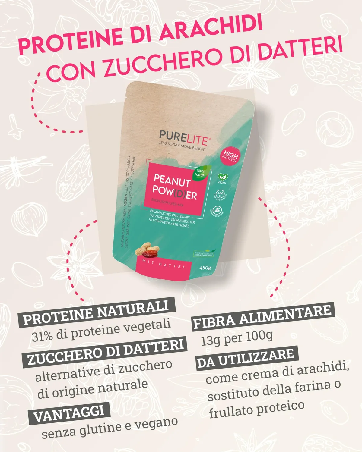 PURELITE Peanut Powder farina di arachidi 450g proteica