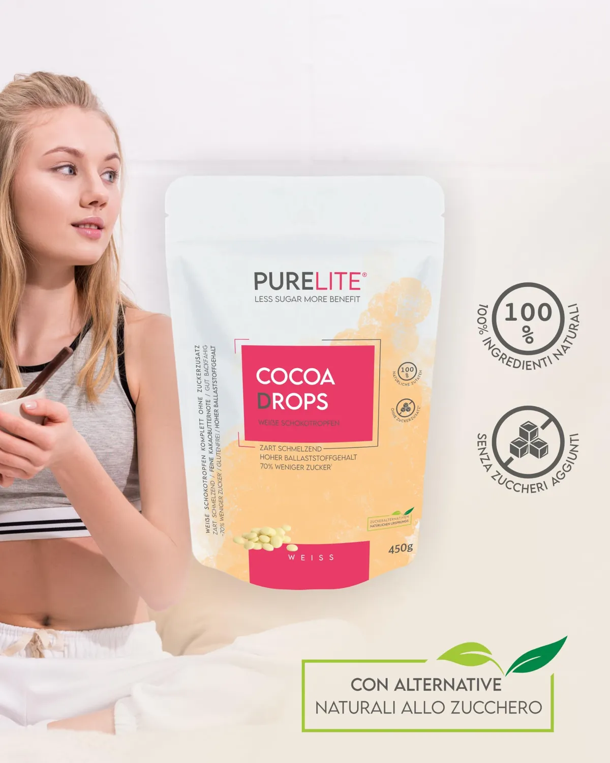 PURELITE Cocoa Drops gocce cioccolato bianco 450 g senza zucchero