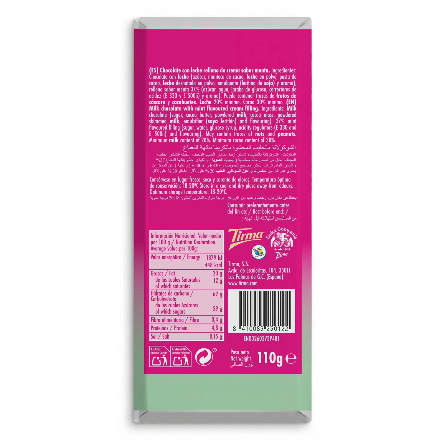 Tirma tavoletta cioccolato 110g latte ripiena menta