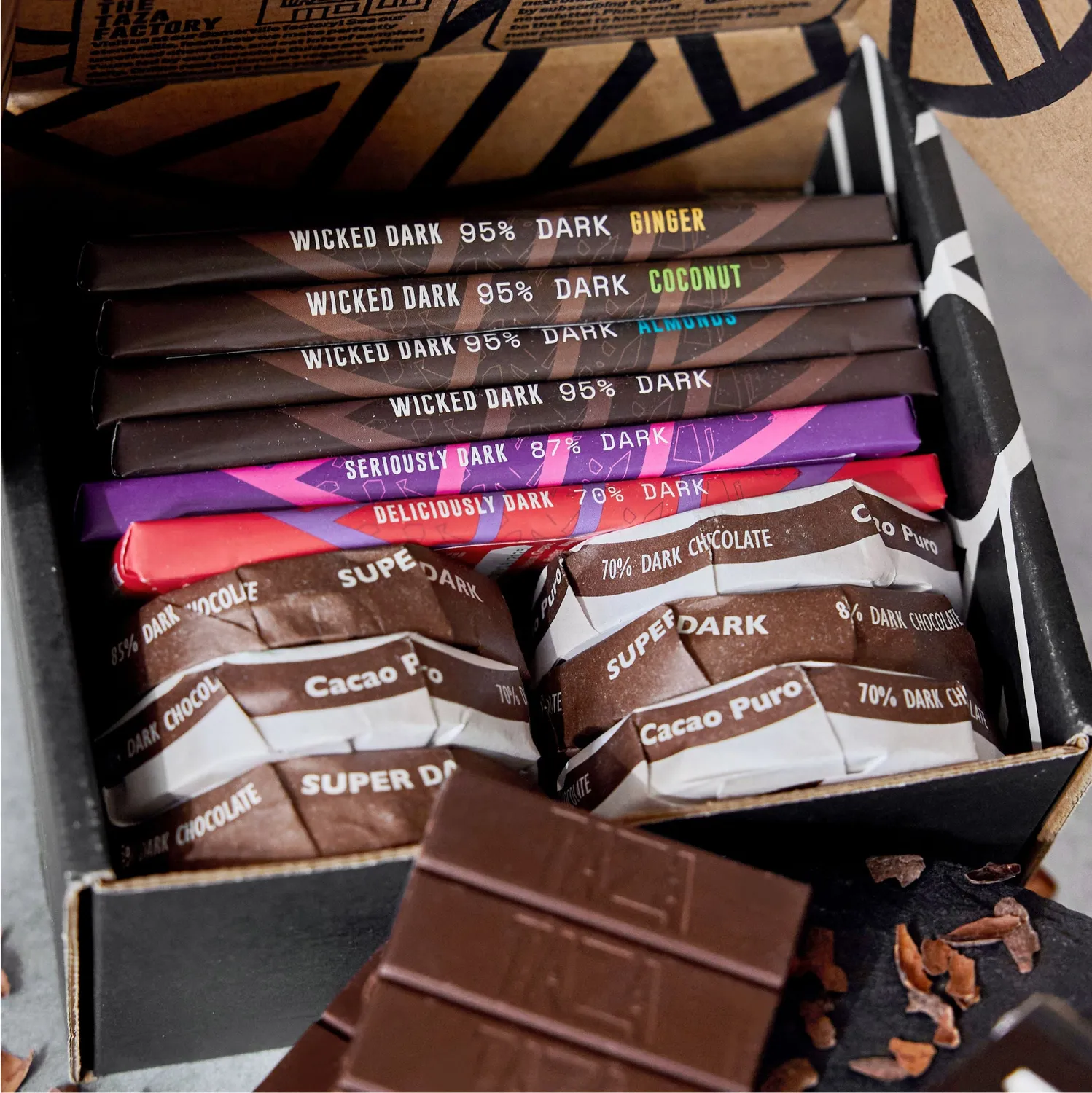 Taza Boldest Dark Gift Box cioccolato fondente 12 pezzi 70-95%