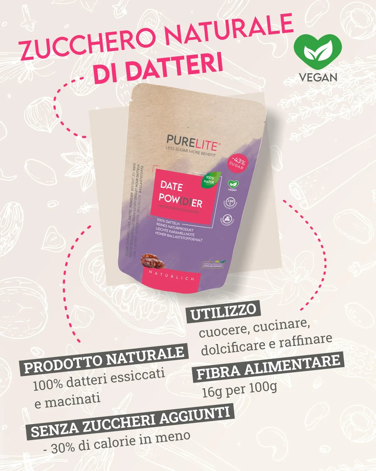 PURELITE Date Powder zucchero di datteri 450g con fibre