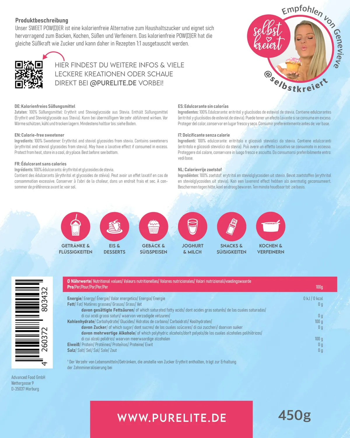 PURELITE Sweet Powder dolcificante 450g zero calorie naturale