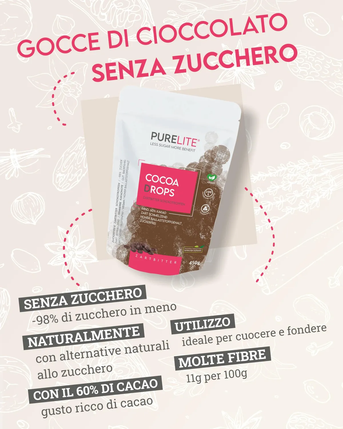 Purelite Cocoa Drops gocce cioccolato fondente 450 g
