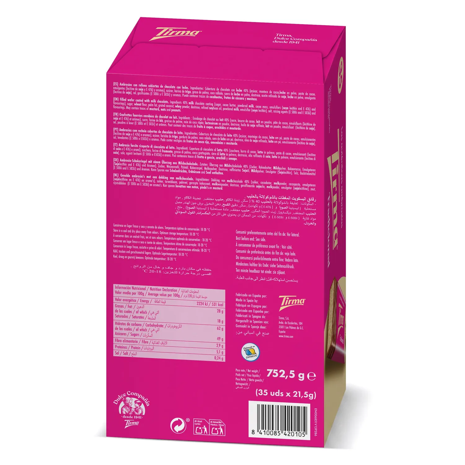 Tirma Wafer cioccolato al latte 35 barrette 752,5g