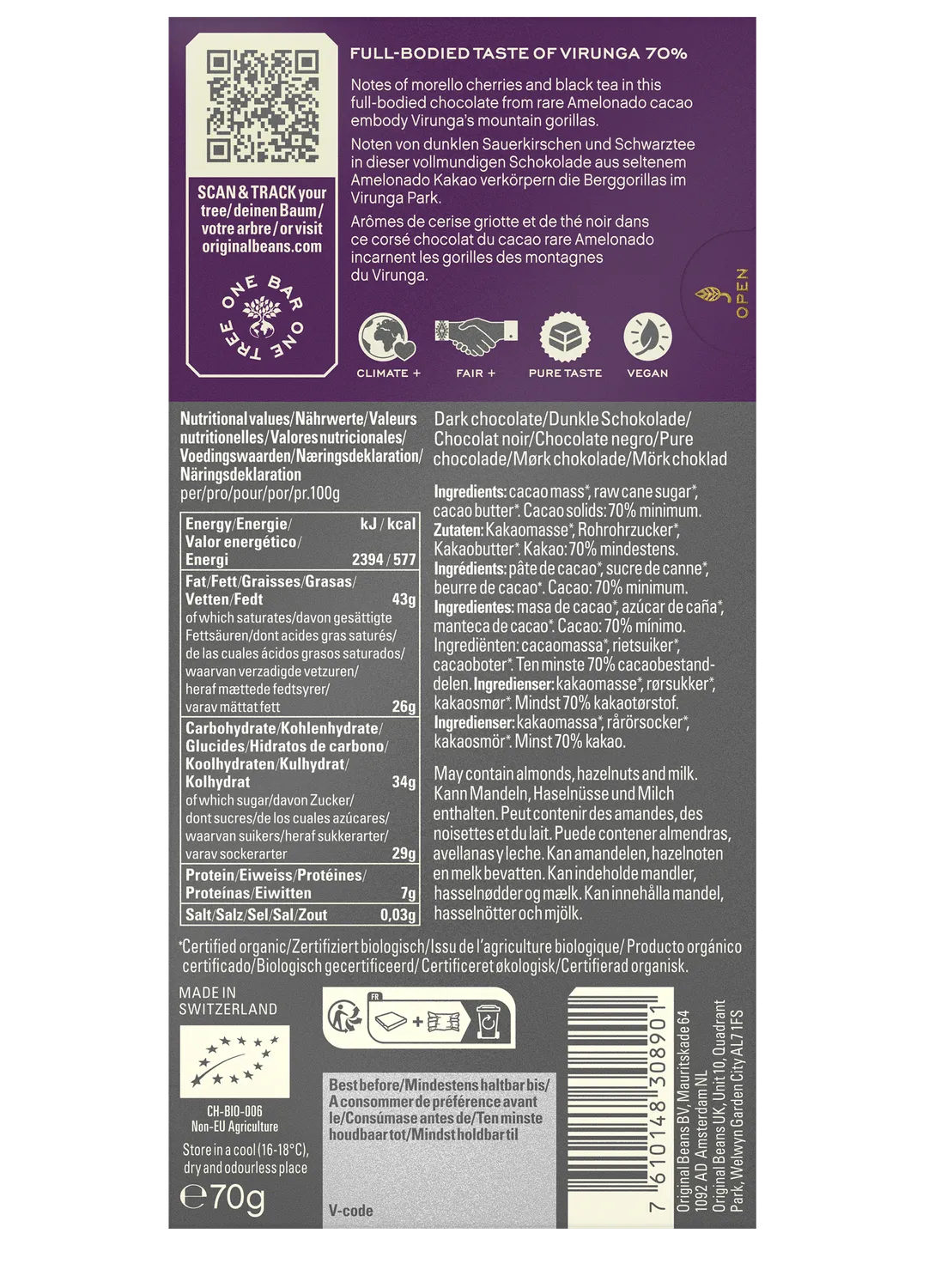 Original Beans Virunga 70% tavoletta fondente 70g amarena