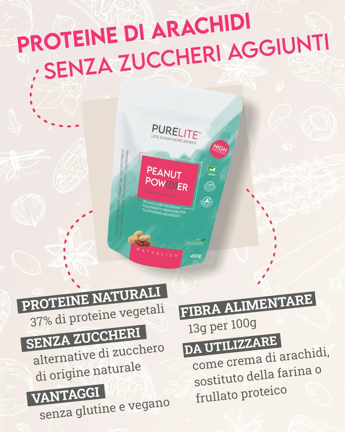 PURELITE Peanut Powder farina arachidi vegan 450g proteica